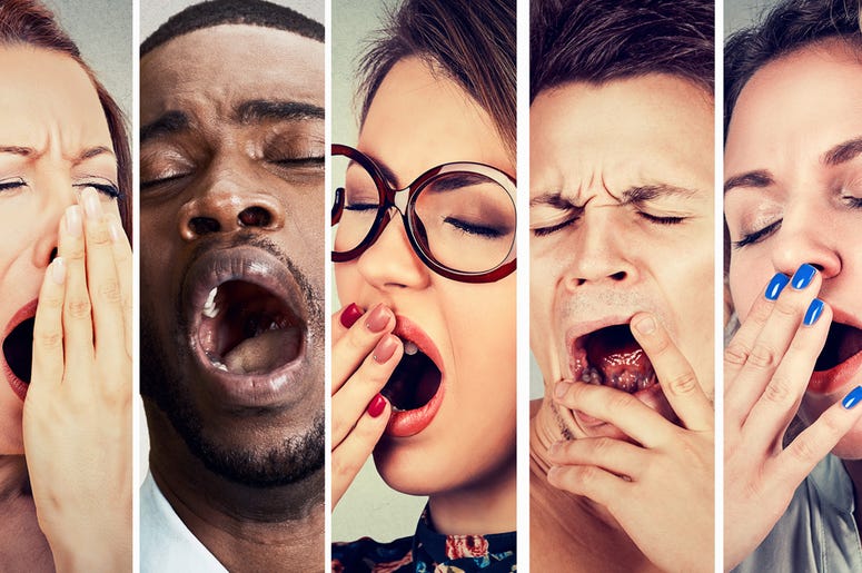 Group of sleepy people, women, men yawning looking bored or sleep deprived Multiethnic group of sleepy people women and men with wide open mouth yawning eyes closed looking bored. Lack of sleep laziness concept