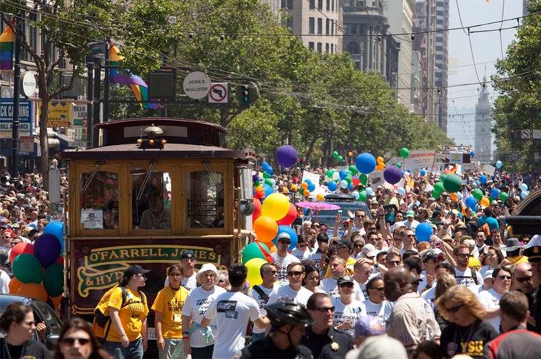 San Francisco Pride Celebration & Parade SAN FRANCISCO, CA - JUNE 28: Thousands of people fill Market Street during the 39th annual gay pride parade June 28, 2009 in San Francisco, California. The parade drew hundreds of thousands of people to downtown San Francisco to celebrate gay, lesbian, bi