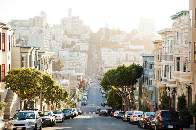 The view on street from the hill in San-Francisco. The view on street from the hill in San-Francisco.