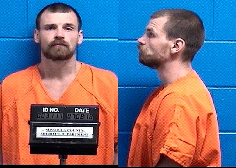 AP18190791024823 This Sunday, July 8, 2018 booking photo provided by the Missoula County Jail shows suspect Francis Crowley, who was being held on $50,000 bail on a charge of criminal endangerment. On Saturday, July 7, the Missoula County Sheriff's deputies were called ab