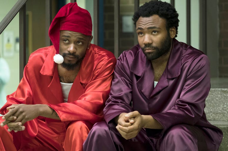 AP18191607380398 This image released by FX shows Lakeith Stanfield, left, and Donald Glover in a scene from the comedy series "Atlanta." Glover was nominated Thursday for an Emmy for outstanding lead actor in a comedy series. The 70th Emmy Awards will be held on Monday, S