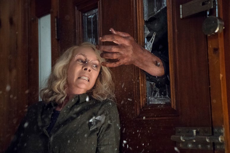 AP18278771794992 This image released by Universal Pictures shows Jamie Lee Curtis in a scene from "Halloween," in theaters nationwide on Oct. 19. (Ryan Green/Universal Pictures via AP)