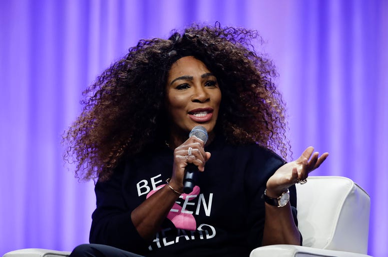AP18285679650694 Serena Williams waves to members of the audience at the Pennsylvania Conference for Women in Philadelphia, Friday, Oct. 12, 2018. (AP Photo/Matt Rourke)