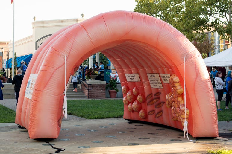 AP18304560941373 This Sept. 23, 2018, photo provided by the Colon Cancer Coalition shows an inflatable colon at a Get Your Rear in Gear event in Kansas City, Mo. Kansas City, Mo., police on Tuesday, Oct. 30, 2018, announced on Twitter that the 10-foot prop has been recove