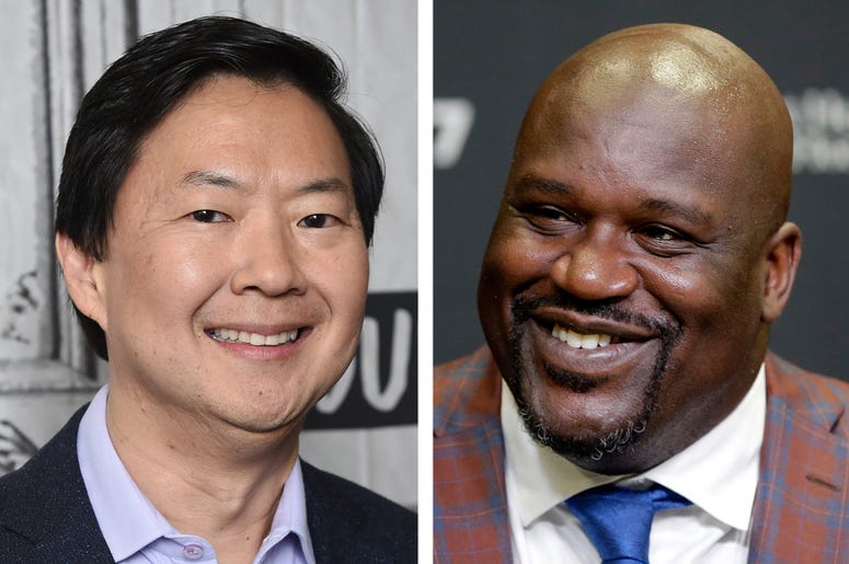 AP18309669086107 This combination photo shows actor Ken Jeong at the BUILD Speaker Series to discuss the film "Crazy Rich Asians" in New York on Aug. 14, 2018, left, and retired Hall of Fame basketball player Shaquille O'Neal during an NBA basketball news conference in Mi