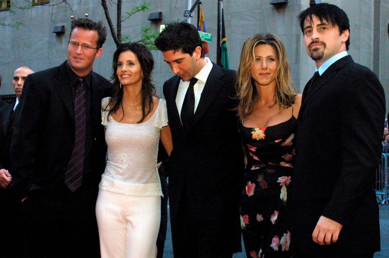 AP18339019846657 In this May 5, 2002 file photo, the cast members, Matthew Perry, from left, Courteney Cox Arquettte, David Schwimmer, Jennifer Aniston and Matt LeBlanc of the television show "Friends," arrive at New York's Rockefeller Center for NBC's 75th Anniversary ev