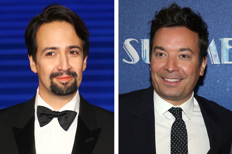 AP18352043571872 This combination photo shows actor Lin-Manuel Miranda at the "Mary Poppins Returns" premiere in London on Dec. 12, 2018, left, and TV late night host Jimmy Fallon at the opening night of "Summer: The Donna Summer Musical" in New York on April 23, 2018. “T