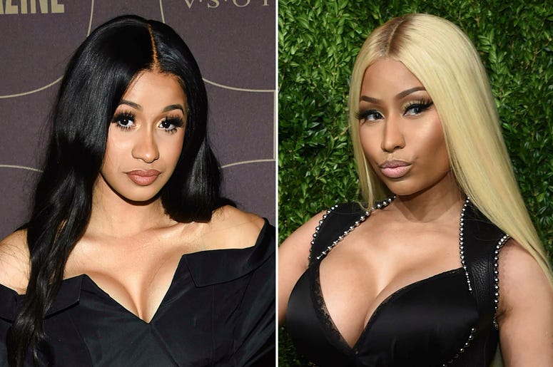 AP19030661957501 This combination photo shows Cardi B at the Warner Music Group pre-Grammy party in New York on Jan. 25, 2018, left, and Nicki Minaj at the 14th Annual CFDA Vogue Fashion Fund Gala in New York on Nov. 6, 2017. Cardi B and Nicki Minaj will headline concerts