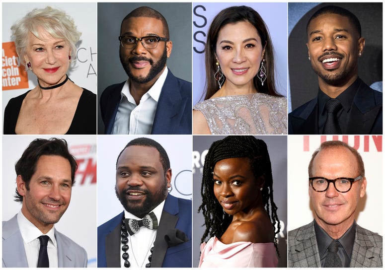 AP19050678331854 This combination photo shows, top row from left, Helen Mirren, Tyler Perry, Michelle Yeoh, Michael B. Jordan and bottom row from left, Paul Rudd, Brian Tyree Henry, Danai Gurira and Michael Keaton, who will serve as presenters at the 91st Annual Academy A