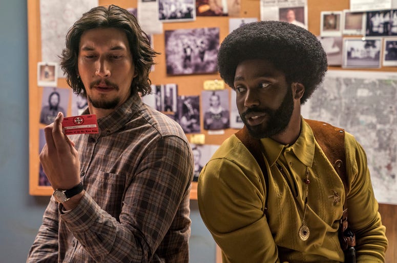 AP19050776379538 This image released by Focus Features shows Adam Driver, left, and John David Washington in a scene from "BlacKkKlansman." The film is nominated for an Oscar for best picture. The 91st Academy Awards will be held on Sunday. (David Lee/Focus Features via A