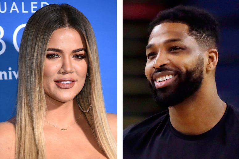 AP19051831743468 This combination photo shows TV personality Khloe Kardashian at the NBCUniversal Network 2017 Upfront in New York on May 15, 2017, left, and Cleveland Cavaliers' Tristan Thompson during an NBA basketball practice in Oakland, Calif., on May 30, 2018. Karda