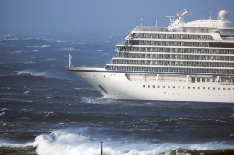 AP19082558474038 The cruise ship Viking Sky lays at anchor in heavy seas, after it sent out a Mayday signal because of engine failure in windy conditions, near Hustadvika, off the west coast of Norway, Saturday March 23, 2019. The Viking Sky is forced to evacuate its 1,30