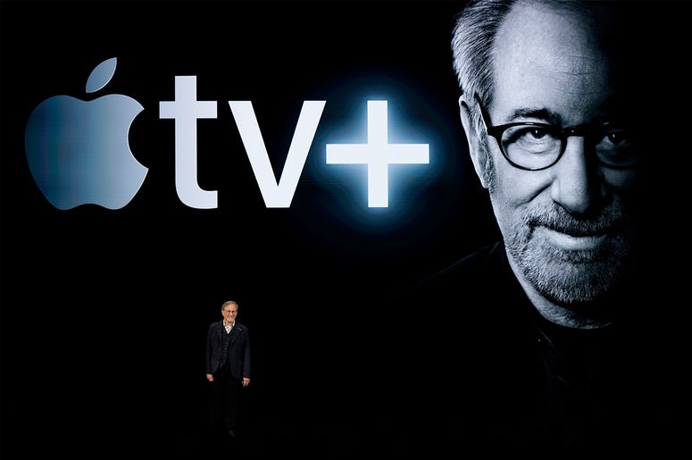 AP19084666324821 Director Steven Spielberg speaks at the Steve Jobs Theater during an event to announce new Apple products Monday, March 25, 2019, in Cupertino, Calif. (AP Photo/Tony Avelar)