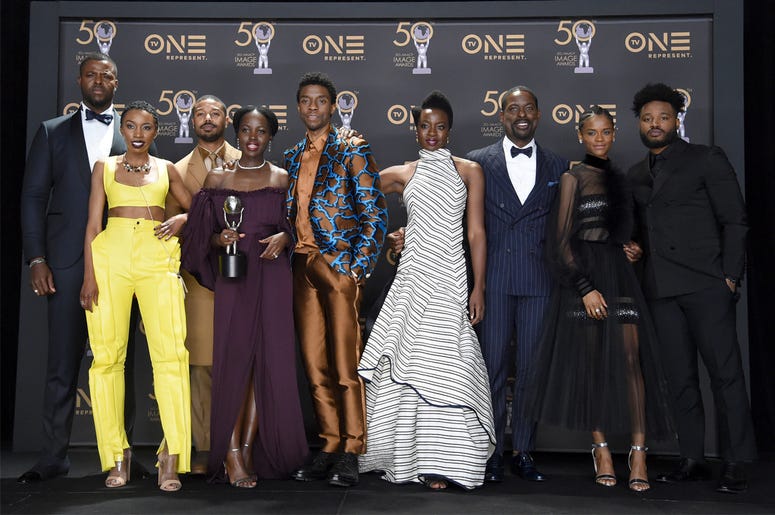 AP19090146669941 The cast of "Black Panther," pose in the press room with the award for outstanding motion picture at the 50th annual NAACP Image Awards on Saturday, March 30, 2019, at the Dolby Theatre in Los Angeles. (Photo by Richard Shotwell/Invision/AP)