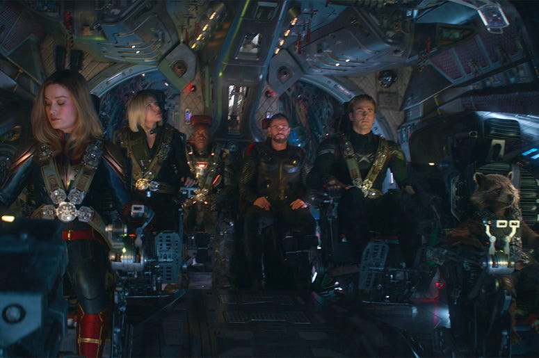 AP19116634364555 This image released by Disney shows, from left, Brie Larson, Scarlett Johansson, Don Cheadle, Chris Hemsworth, Chris Evans and the character Rocket, voiced by Bradley Cooper, in a scene from “Avengers: Endgame.” (Disney/Marvel Studios via AP)
