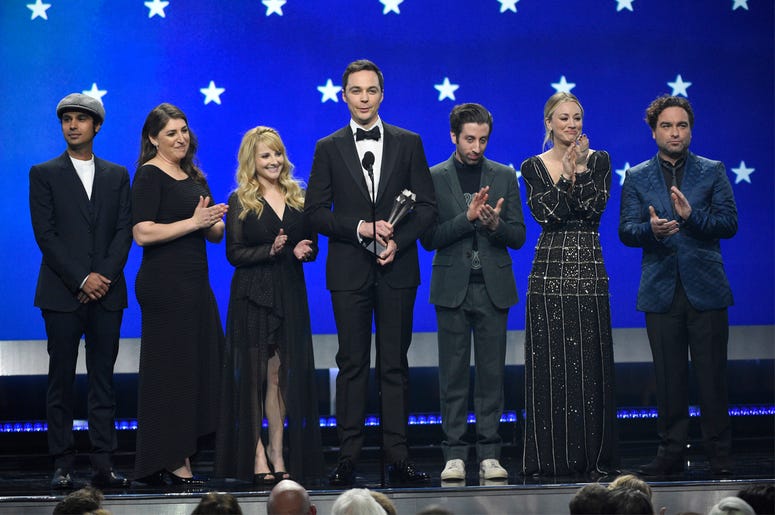 AP19121306444370 In this Jan. 13, 2019, file photo, Kunal Nayyar, from left, Mayim Bialik, Melissa Rauch, Jim Parsons, Simon Helberg, Kaley Cuoco and Johnny Galecki, from the cast of "The Big Bang Theory," present the creative achievement award at the 24th annual Critics'