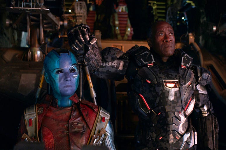 AP19125029664525 This image released by Disney shows Karen Gillan, left, and Don Cheadle in a scene from "Avengers: Endgame." (Disney/Marvel Studios via AP)