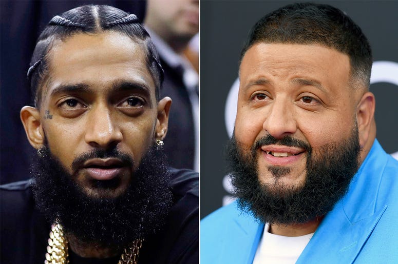 AP19140825309252 This combination photo shows rapper Nipsey Hussle at an NBA basketball game between the Golden State Warriors and the Milwaukee Bucks in Oakland, Calif. on March 29, 2018, left, and DJ Khaled at the Billboard Music Awards in Las Vegas on May 20, 2018. (AP