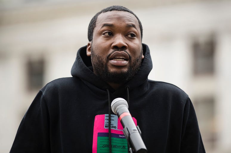 AP19142700315889 In this April 2, 2019, file photo, rapper Meek Mill speaks at a gathering in Philadelphia to push for drastic changes to Pennsylvania's probation system. (AP Photo/Matt Rourke, File)