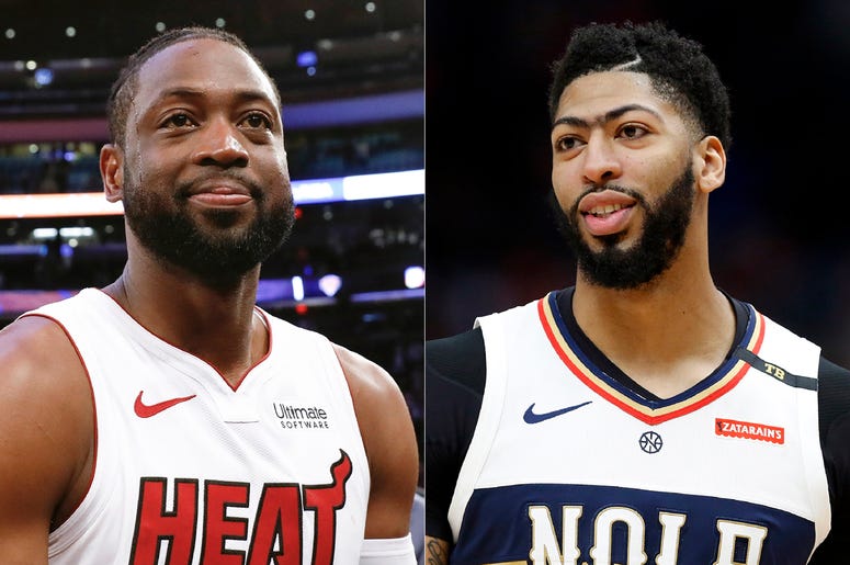 AP19179825913215 This combination of photos shows Miami Heat guard Dwyane Wade after an NBA basketball game against the New York Knicks in New York on March 30, 2019, left, and New Orleans Pelicans forward Anthony Davis during an NBA basketball game in New Orleans on Marc