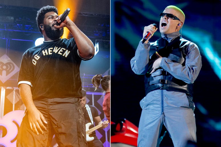 AP19179844842445 This combination photo shows Khalid performing at Y100's Jingle Ball in Sunrise, Fla. on Dec. 16, 2018, left, and Bad Bunny performing at the Billboard Latin Music Awards in Las Vegas on April 25, 2019. (AP Photo)