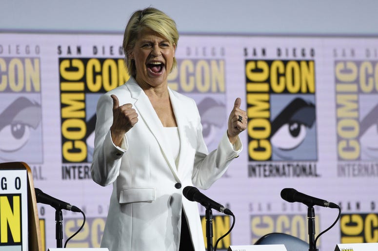 AP19199699209448 Linda Hamilton reacts to the audience as she walks on stage at the "Terminator: Dark Fate" panel on day one of Comic-Con International on Thursday, July 18, 2019, in San Diego. (Photo by Chris Pizzello/Invision/AP)