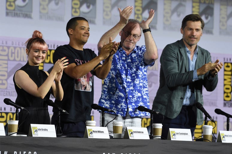 AP19201071576454 Maisie Williams, from left, Jacob Anderson, Liam Cunningham and Nikolaj Coster-Waldau clap at the conclusion of the "Game of Thrones" panel on day two of Comic-Con International on Friday, July 19, 2019, in San Diego. (Photo by Chris Pizzello/Invision/AP)