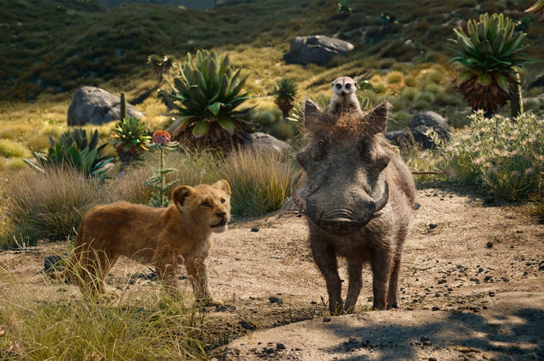 AP19202559359535 This file image released by Disney shows, from left, young Simba, voiced by JD McCrary, Timon, voiced by Billy Eichner, and Pumbaa, voiced by Seth Rogen, in a scene from "The Lion King." (Photo credit: Disney via AP, File)