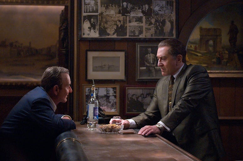 AP19210542924265 This image released by Netflix shows Joe Pesci, left, and Robert De Niro in a scene from "The Irishman." The film will make its world premiere at opening night of the New York Film Festival on September 27. (Niko Tavernise/Netflix via AP)