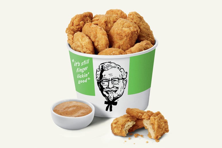 AP19238602008212 This undated product image provided by KFC shows plant-based chicken. Kentucky Fried Chicken plans to test plant-based chicken nuggets and boneless wings on Tuesday, Aug. 27, 2019, at one of its restaurants in Atlanta. (KFC via AP)