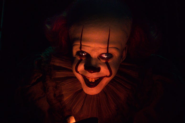 Bill Skarsgard as Pennywise in "It: Chapter 2" This image released by Warner Bros. Pictures shows Bill Skarsgard as Pennywise in New Line Cinema’s horror thriller "It: Chapter 2." (Warner Bros. Pictures via AP)