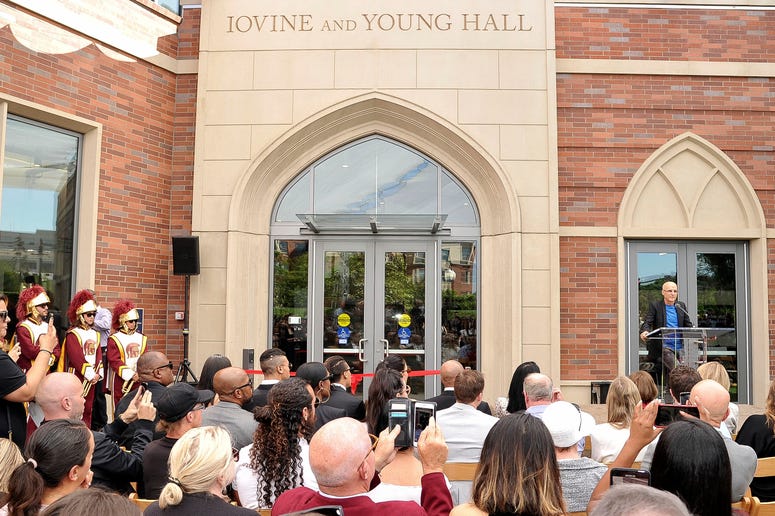AP19275750906265 Business entrepreneur Jimmy Iovine speaks at the unveiling of Iovine and Young Hall, named after and Iovine and his business partner Andre "Dr. Dre" Young, on the University of Southern California campus in Los Angeles on Wednesday, Oct. 2, 2019. The duo