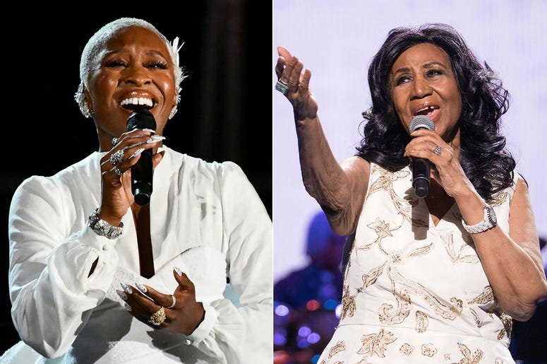 AP19276606706883 This combination photo shows Cynthia Erivo performing at the 73rd annual Tony Awards in New York on June 9, 2019, left, and Aretha Franklin performing at the world premiere of "Clive Davis: The Soundtrack of Our Lives" at Radio City Music Hall in New York