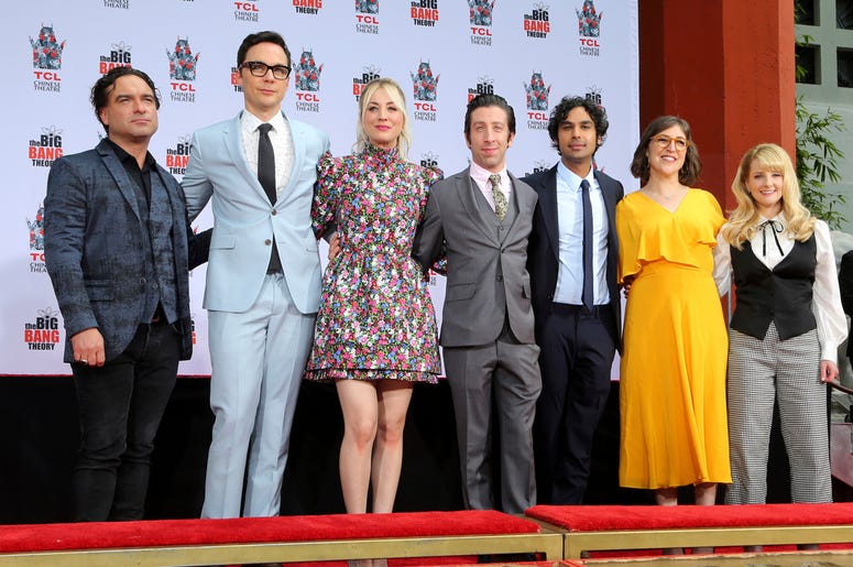 AP19281565979114 In this May 1, 2019, file photo, Johnny Galecki, from left, Jim Parsons, Kaley Cuoco, Simon Helberg, Kunal Nayyar, Mayim Bialik and Melissa Rauch, cast members of the TV series "The Big Bang Theory," pose at a hand and footprint ceremony at the TCL Chines