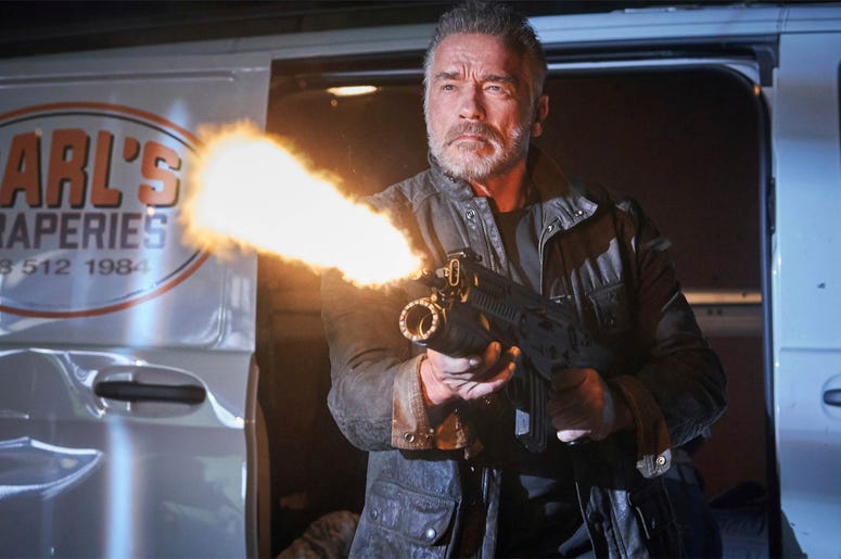 AP19307099557280 This image released by Paramount Pictures shows Arnold Schwarzenegger in "Terminator: Dark Fate." (Kerry Brown/Paramount Pictures via AP)