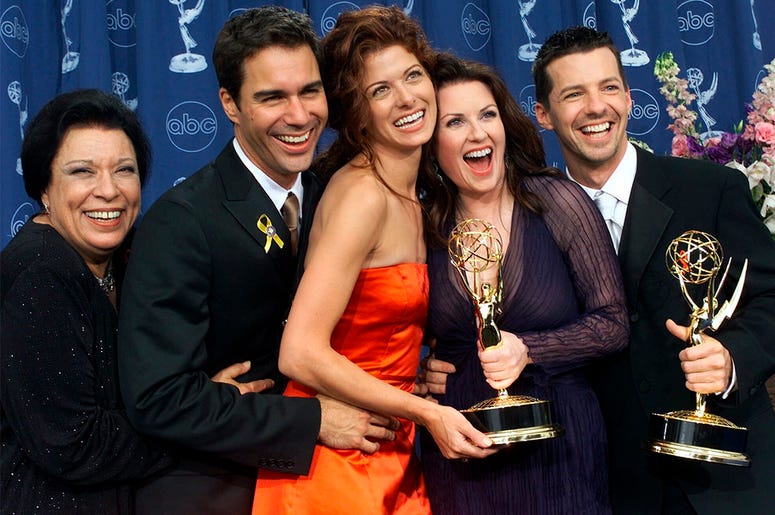 AP19336036247919 In this Sept. 10, 2000, file photo, Shelley Morrison, from left, Eric McCormack, Debra Messing, Megan Mullally and Sean Hayes celebrate their awards for their work in "Will & Grace" at the 52nd annual Primetime Emmy Awards in Los Angeles. (AP Photo/Kevork