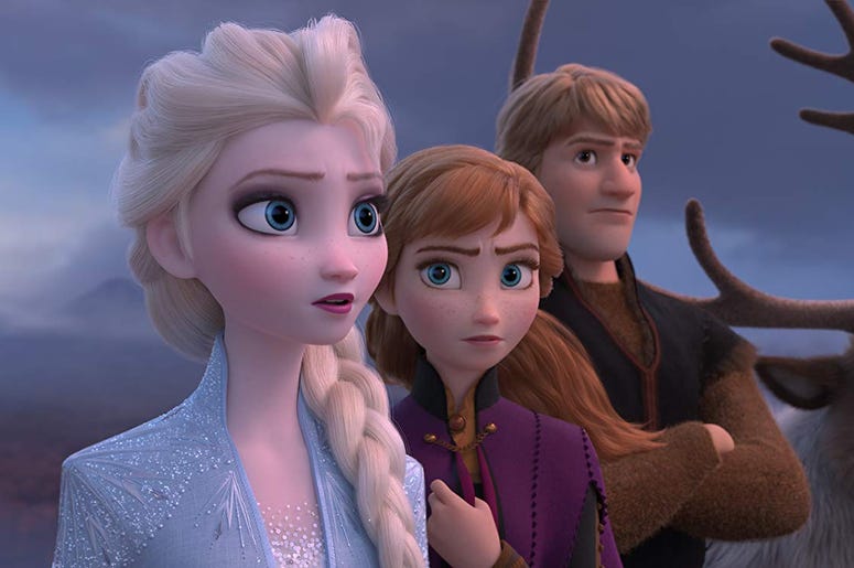 Elsa, voiced by Idina Menzel, from left, Anna, voiced by Kristen Bell, Kristoff, voiced by Jonathan Groff and Sven in a scene from the animated film, "Frozen 2." Elsa, voiced by Idina Menzel, from left, Anna, voiced by Kristen Bell, Kristoff, voiced by Jonathan Groff and Sven in a scene from the animated film, "Frozen 2."