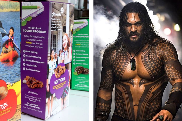 Samoas Girl Scout Cookies & Jason Momoa as 'Aquaman' Samoas Girl Scout Cookies & Jason Momoa as 'Aquaman' (Photo credit: Helen Comer/DNJ/Sipa USA/Warner Bros.)