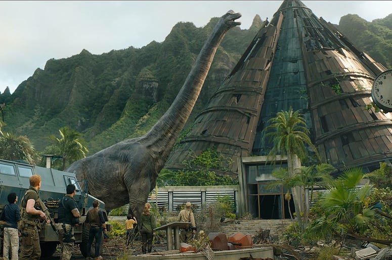 'Jurassic World: Fallen Kingdom' Bryce Dallas Howard, Ted Levine, Chris Pratt, Daniella Pineda, Justice Smith, Sam Bass, Conlan Casal, and Jake Kearney in 'Jurassic World: Fallen Kingdom' (Photo credit: Universal Pictures)