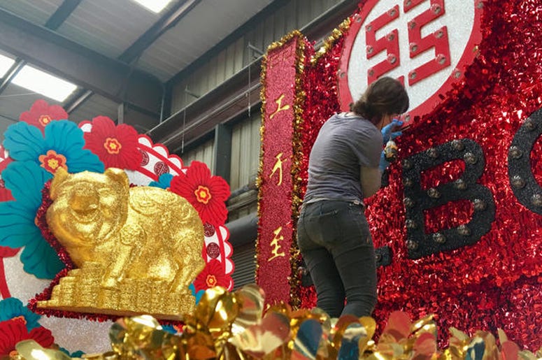 Lunar New Year Parade Floats for the Chinese New Year parade in San Francisco are under construction in a waterfront warehouse on Feb. 19, 2019. (Photo credit: Jenna Lane/KCBS Radio)