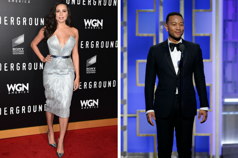 Jurnee Smollett-Bell and John Legend Jurnee Smollett-Bell at the WGN America "Underground" season 2 premiere at the Westwood Village Theater / John Legend presents during the 74th Golden Globe Awards