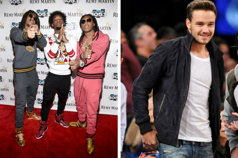 Migos / Liam Payne of One Direction. Members of the Rap group Migos, Takeoff (Kirshnik Ball in pink), Offset (Kiari Cephus in white top) and Quavo (Quavious Marshall in grey) attend the Powerhouse 2014 / Recording artist Liam Payne of One Direction looks on during the second half of the game