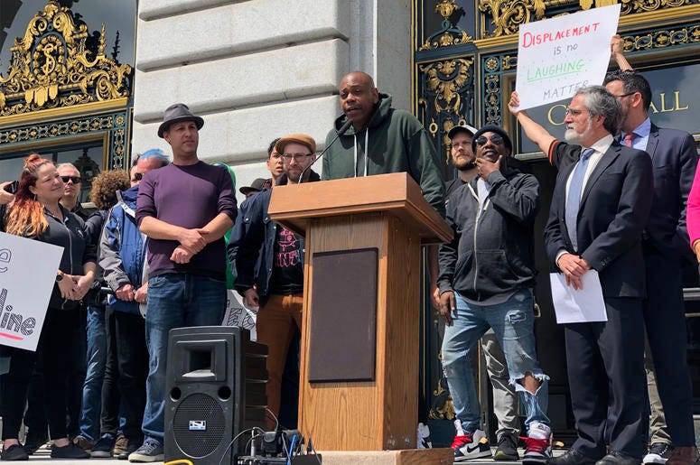 Comedians Dave Chappelle and others rally to save Punch Line Comedy Club in front of San Francisco's City Hall. Comedians Dave Chappelle and others rally to save Punch Line Comedy Club in front of San Francisco's City Hall. (Photo credit: Carrie Hodousek/KCBS Radio)