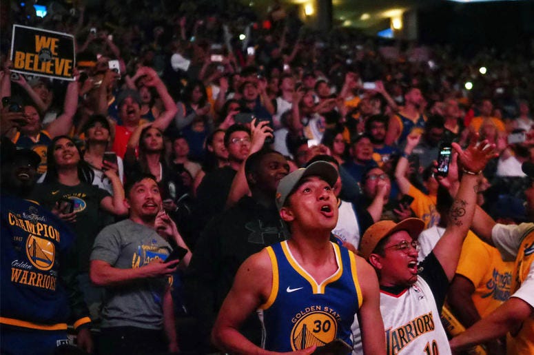 Oracle Arena Warriors Watch Party Jun 8, 2018; Oakland, CA, USA; Golden State Warriors fans celebrate after the win at the watch party for game four of the 2018 NBA Finals at Oracle Arena. Mandatory Credit: Kelley L Cox-USA TODAY Sports