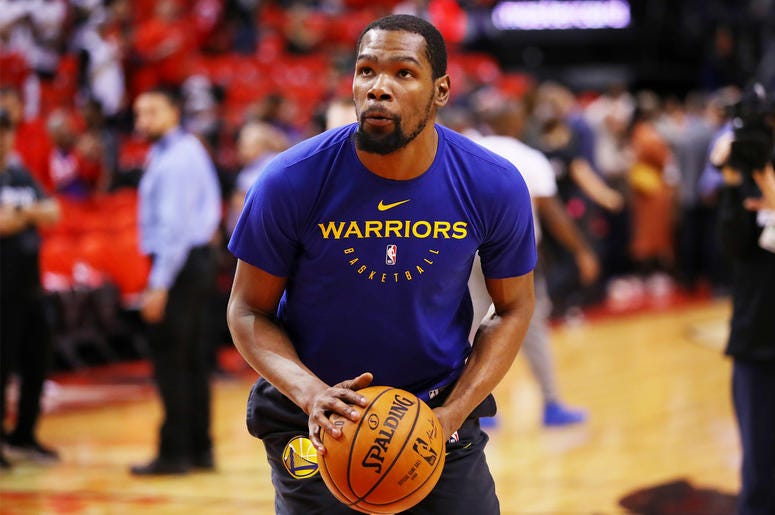 Kevin Durant #35 of the Golden State Warriors TORONTO, ONTARIO - JUNE 10: Kevin Durant #35 of the Golden State Warriors warms up prior to Game Five of the 2019 NBA Finals against the Toronto Raptors at Scotiabank Arena on June 10, 2019 in Toronto, Canada. NOTE TO USER: User expressly acknowledges and