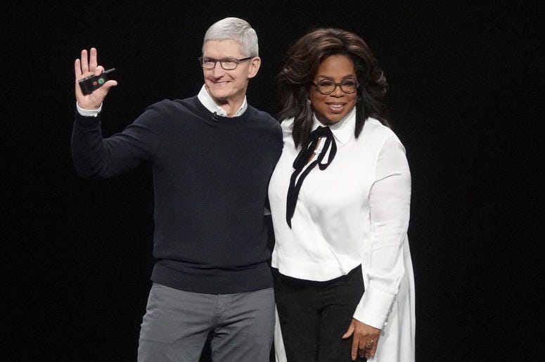 Tim Cook and Oprah Winfrey March 25, 2019; Cupertino, CA, USA; Tim Cook and Oprah Winfrey during an event launching Apple tv+ at Apple headquarters. Mandatory Credit: Jefferson Graham-USA TODAY