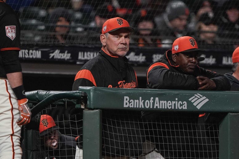 San Francisco Giants manager Bruce Bochy Mar 25, 2019; San Francisco, CA, USA; San Francisco Giants manager Bruce Bochy (15) watches the game against the Oakland Athletics during the first inning at Oracle Park. Mandatory Credit: Stan Szeto-USA TODAY Sports