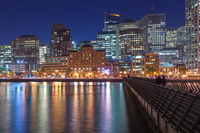 San Francisco from Pier 14 Night view of San Francisco skyline from Pier 14 (Photo credit: Nickolay Stanev/Dreamstime)
