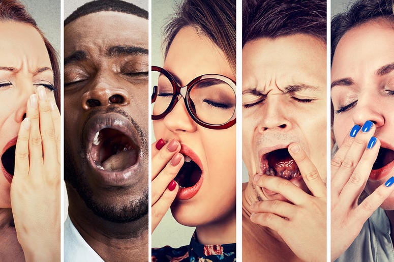 Group of sleepy people, women, men yawning looking bored or sleep deprived Multiethnic group of sleepy people women and men with wide open mouth yawning eyes closed looking bored. Lack of sleep laziness concept