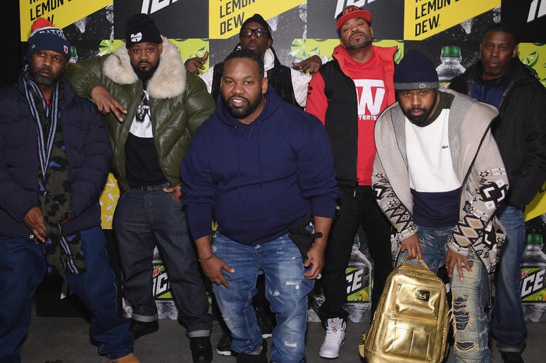 (L-R) Masta Killa, Ghostface Killah, RZA, Method Man, GZA, (front) Raekwon and Cappadonna of Wu Tang Clan BROOKLYN, NY - JANUARY 18: (L-R) Masta Killa, Ghostface Killah, RZA, Method Man, GZA, (front) Raekwon and Cappadonna of Wu Tang Clan attends the Mtn Dew ICE launch event on January 18, 2018 in Brooklyn, New York. (Photo by Dimitrios Kambouris/Getty Images